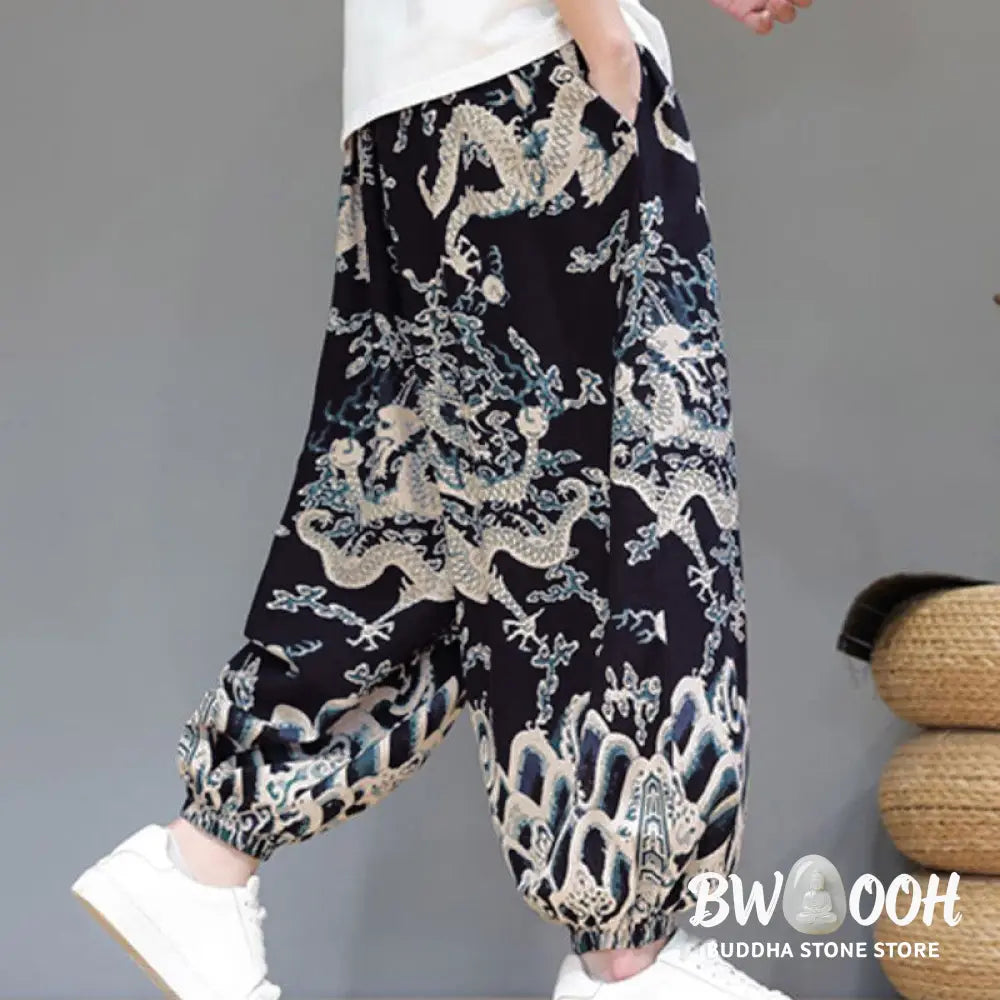 Buddha Stones Summer Dragon Drawstring Design Cotton Linen Men’s Harem Pants With Pockets - Men’s Harem Pants