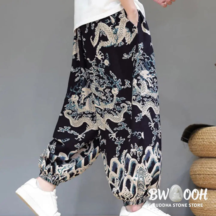 Buddha Stones Summer Dragon Drawstring Design Cotton Linen Men’s Harem Pants With Pockets - Men’s Harem Pants