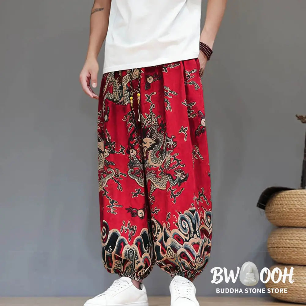 Buddha Stones Summer Dragon Drawstring Design Cotton Linen Men’s Harem Pants With Pockets - Men’s Harem Pants