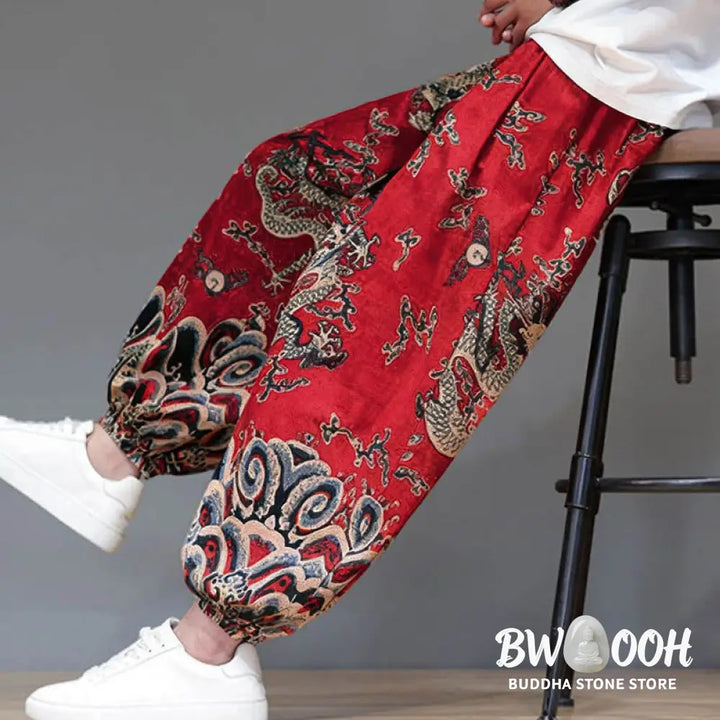 Buddha Stones Summer Dragon Drawstring Design Cotton Linen Men’s Harem Pants With Pockets - Men’s Harem Pants