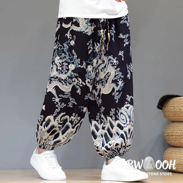 Buddha Stones Summer Dragon Drawstring Design Cotton Linen Men’s Harem Pants With Pockets - Men’s Harem Pants