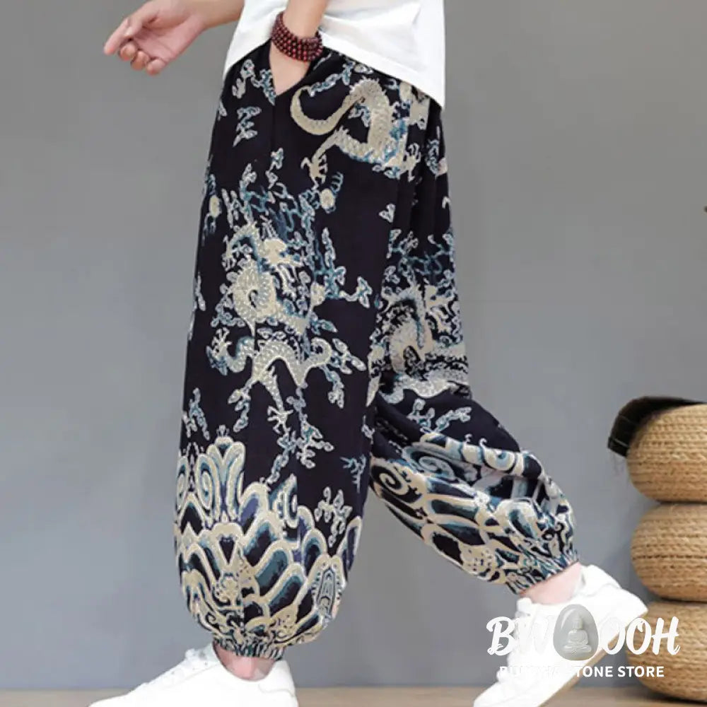 Buddha Stones Summer Dragon Drawstring Design Cotton Linen Men’s Harem Pants With Pockets - Men’s Harem Pants