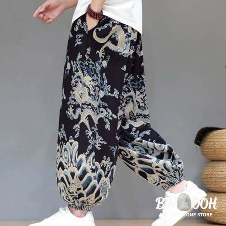 Buddha Stones Summer Dragon Drawstring Design Cotton Linen Men’s Harem Pants With Pockets - Men’s Harem Pants