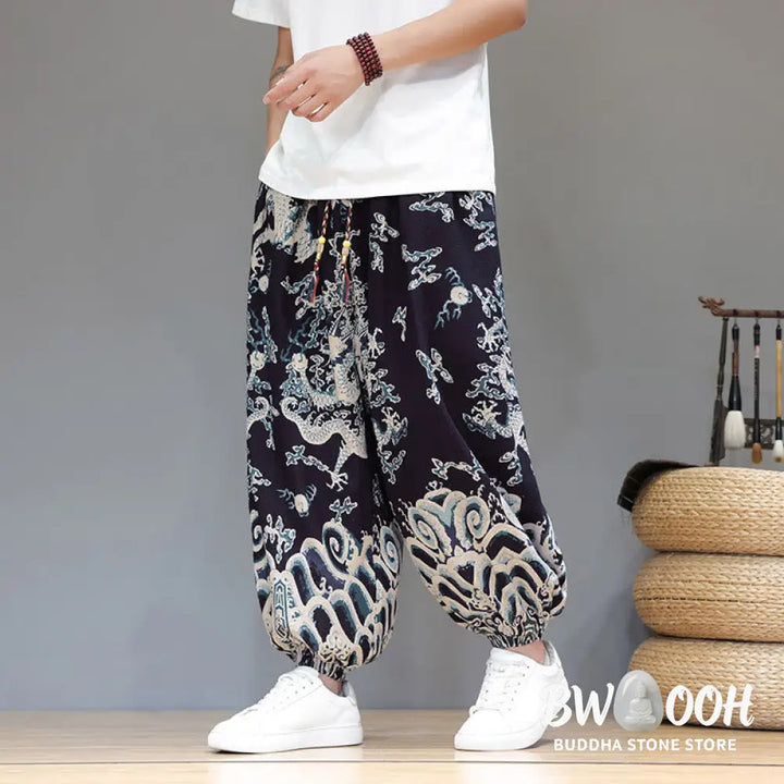 Buddha Stones Summer Dragon Drawstring Design Cotton Linen Men’s Harem Pants With Pockets - Men’s Harem Pants