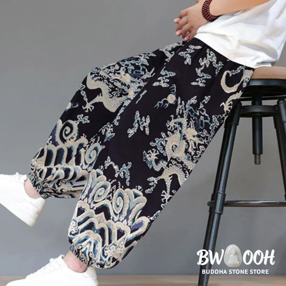 Buddha Stones Summer Dragon Drawstring Design Cotton Linen Men’s Harem Pants With Pockets - Men’s Harem Pants