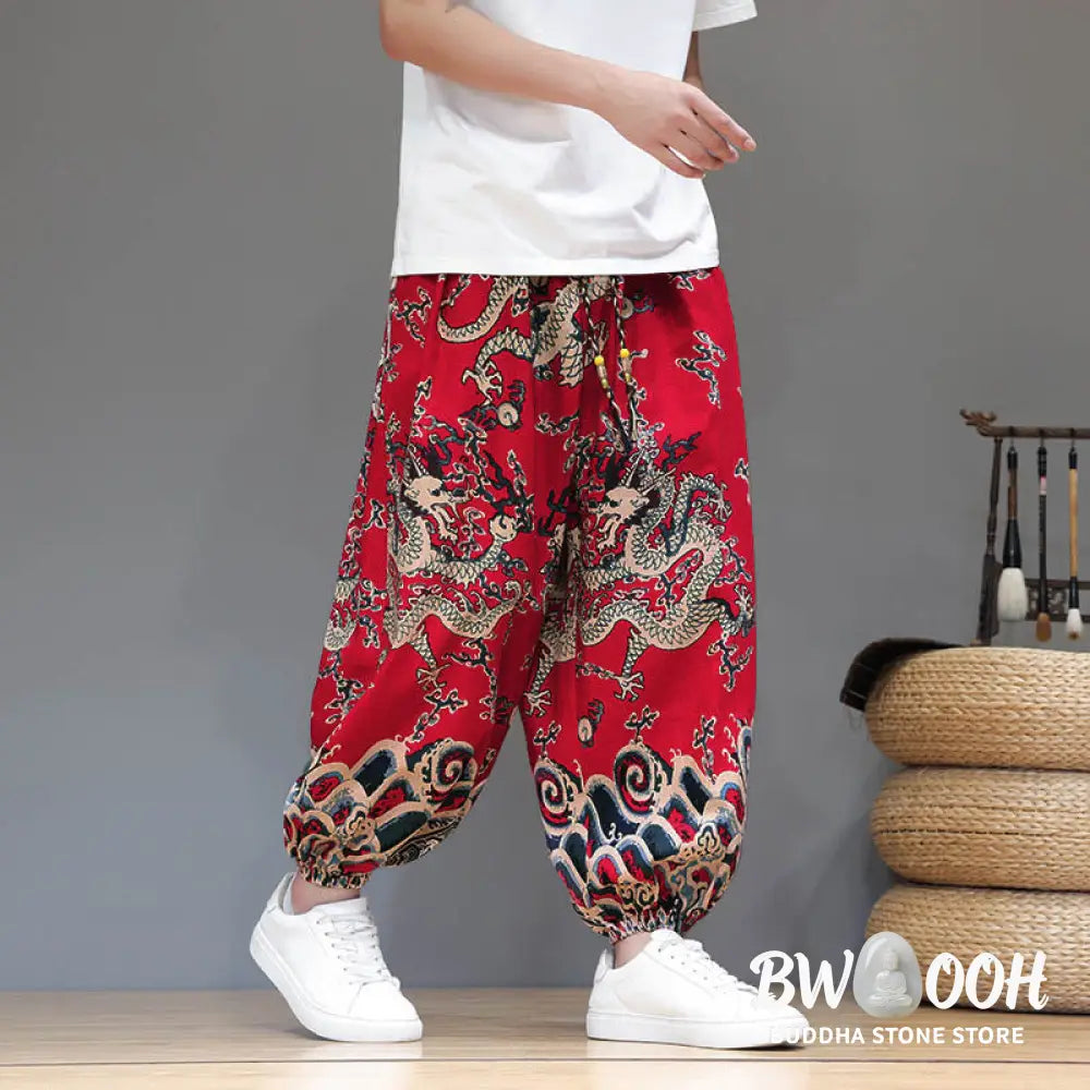 Buddha Stones Summer Dragon Drawstring Design Cotton Linen Men’s Harem Pants With Pockets - Men’s Harem Pants