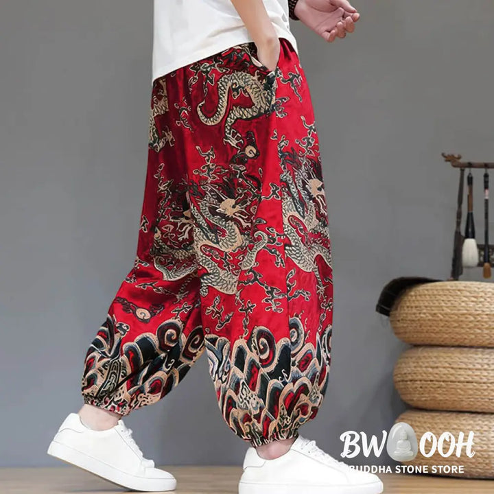 Buddha Stones Summer Dragon Drawstring Design Cotton Linen Men’s Harem Pants With Pockets - Men’s Harem Pants