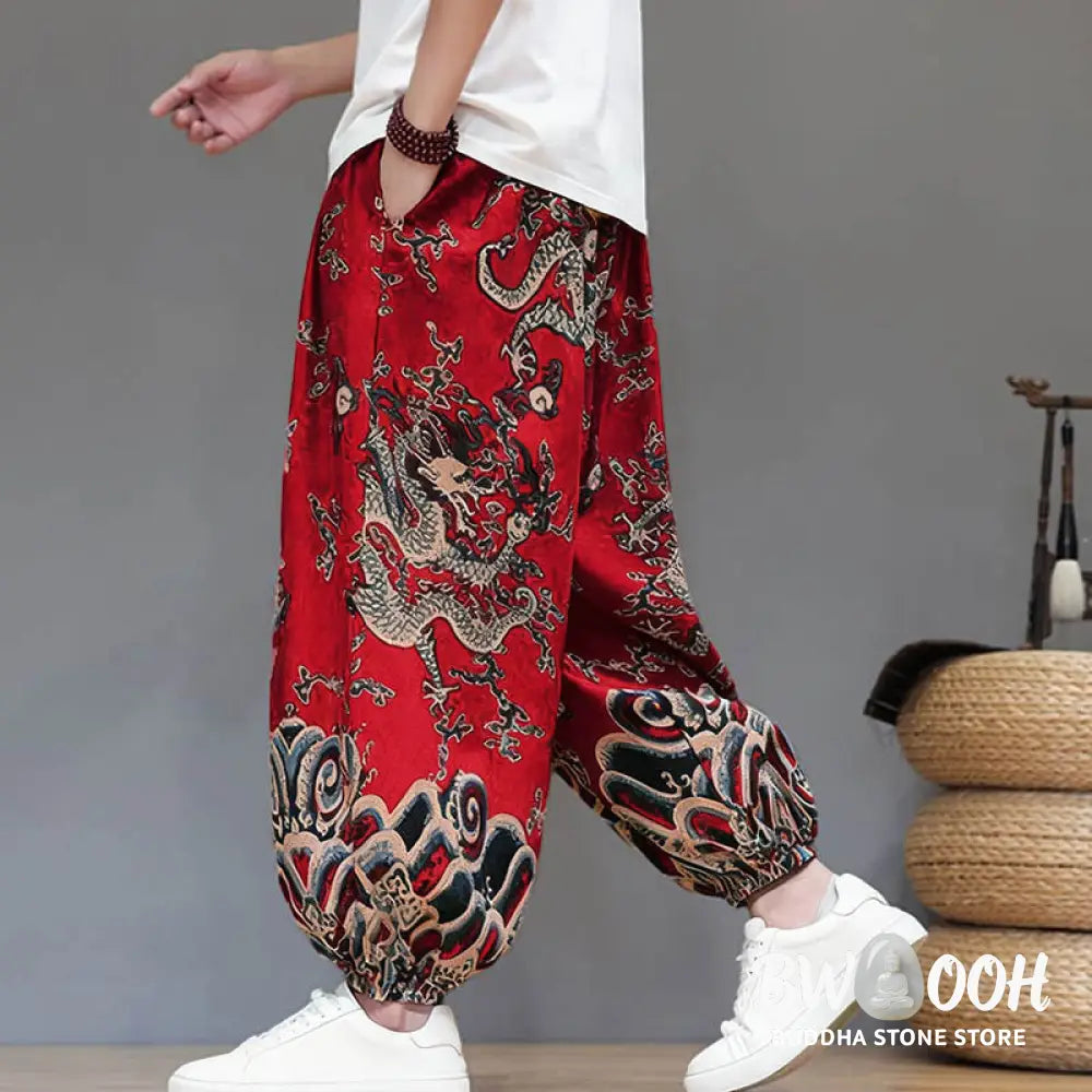Buddha Stones Summer Dragon Drawstring Design Cotton Linen Men’s Harem Pants With Pockets - Men’s Harem Pants
