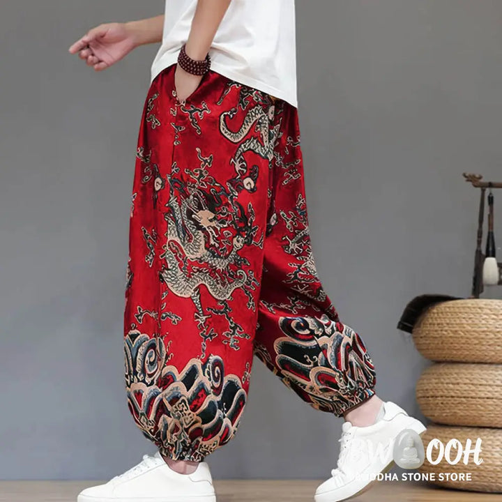 Buddha Stones Summer Dragon Drawstring Design Cotton Linen Men’s Harem Pants With Pockets - Men’s Harem Pants