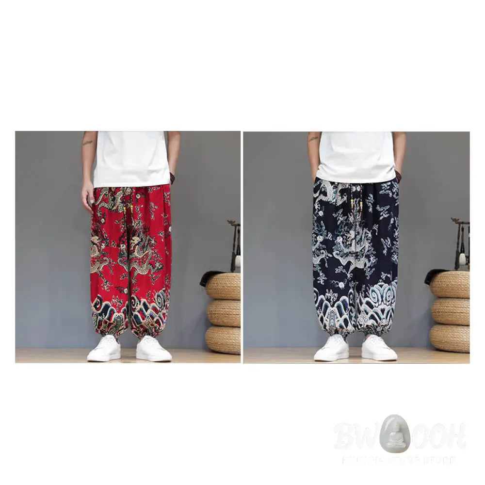 Buddha Stones Summer Dragon Drawstring Design Cotton Linen Men’s Harem Pants With Pockets - Men’s Harem Pants