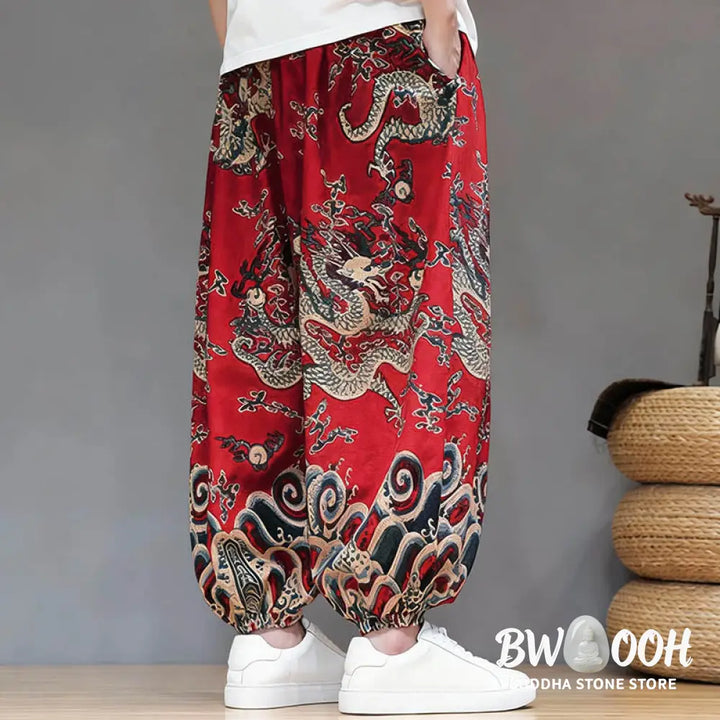 Buddha Stones Summer Dragon Drawstring Design Cotton Linen Men’s Harem Pants With Pockets - Men’s Harem Pants