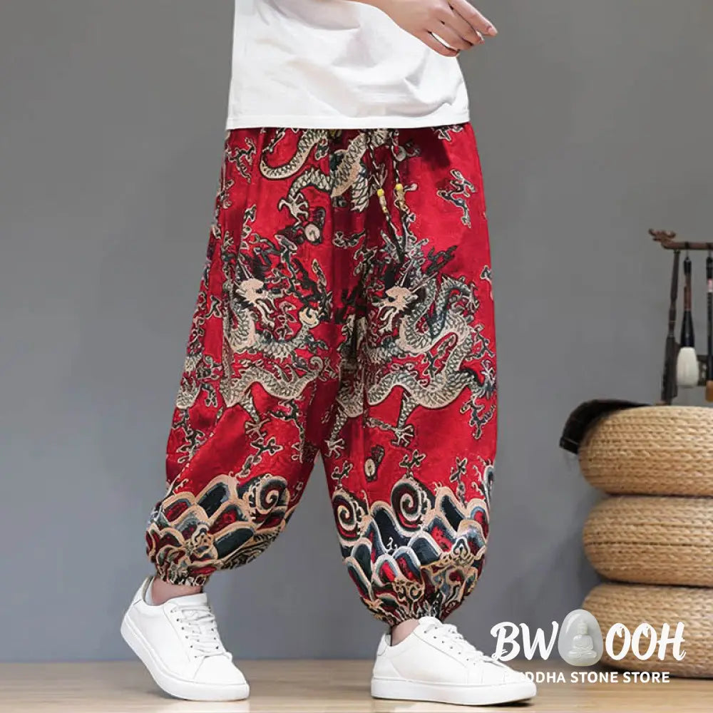 Buddha Stones Summer Dragon Drawstring Design Cotton Linen Men’s Harem Pants With Pockets - Men’s Harem Pants