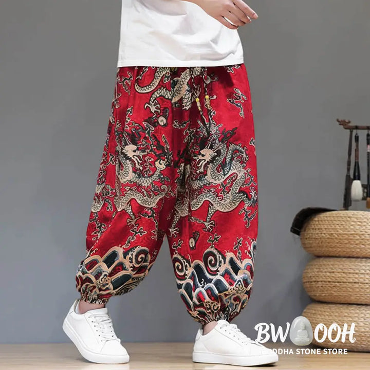 Buddha Stones Summer Dragon Drawstring Design Cotton Linen Men’s Harem Pants With Pockets - Men’s Harem Pants