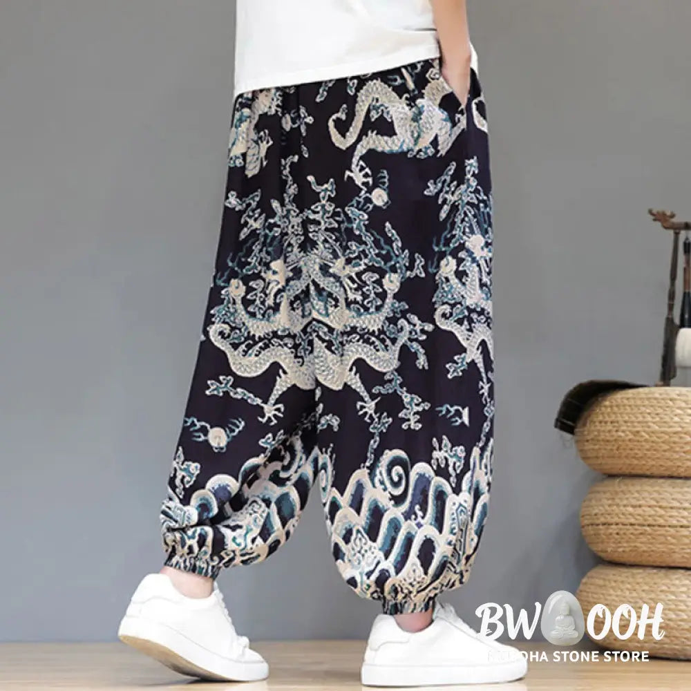 Buddha Stones Summer Dragon Drawstring Design Cotton Linen Men’s Harem Pants With Pockets - Men’s Harem Pants