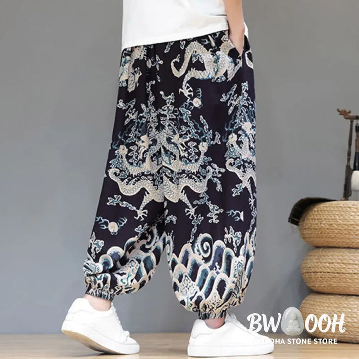 Buddha Stones Summer Dragon Drawstring Design Cotton Linen Men’s Harem Pants With Pockets - Men’s Harem Pants