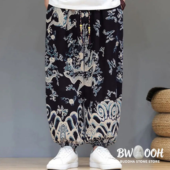 Buddha Stones Summer Dragon Drawstring Design Cotton Linen Men’s Harem Pants With Pockets - Men’s Harem Pants