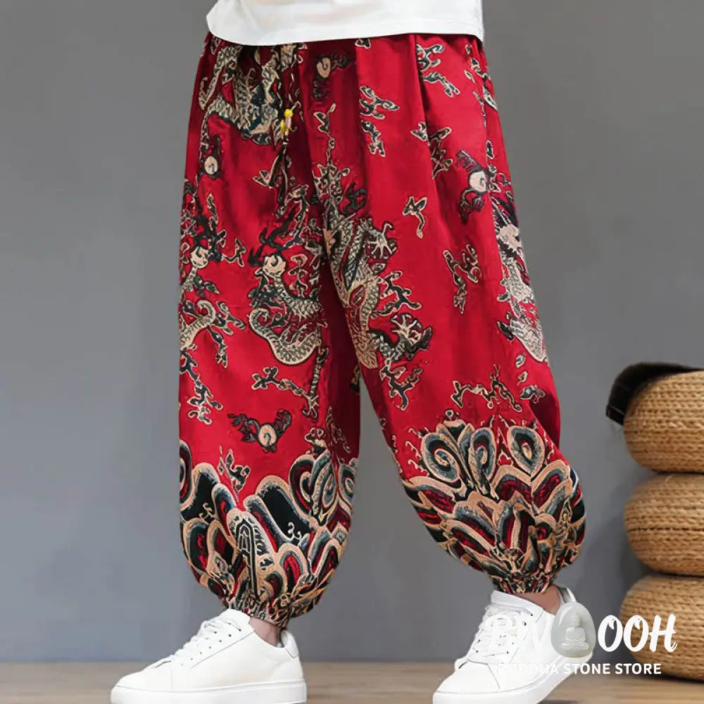 Buddha Stones Summer Dragon Drawstring Design Cotton Linen Men’s Harem Pants With Pockets - Men’s Harem Pants