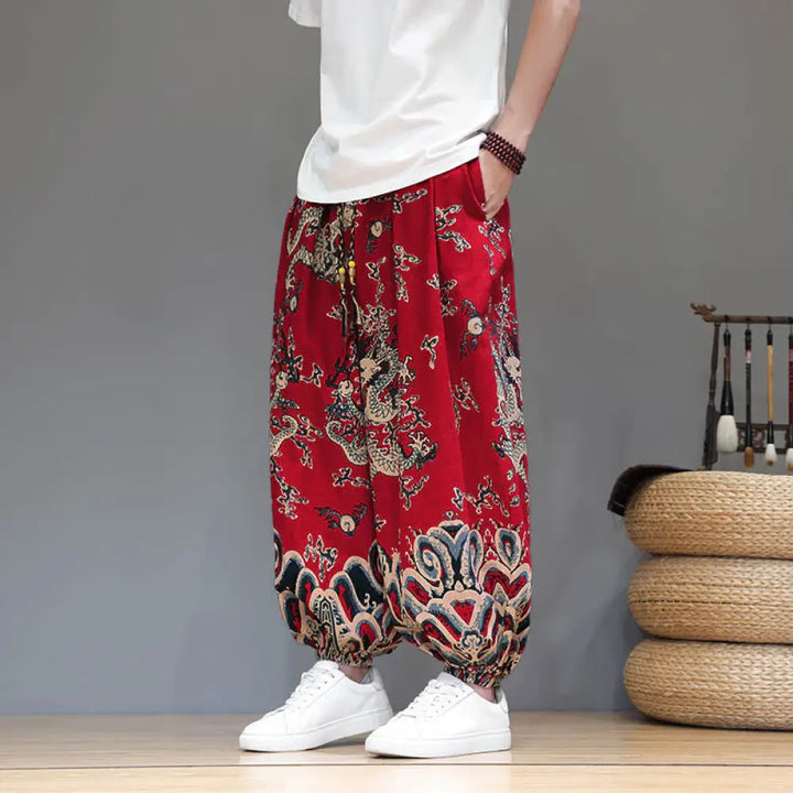 BWOOOH printed harem pants - Summer Dragon Drawstring Design Cotton L