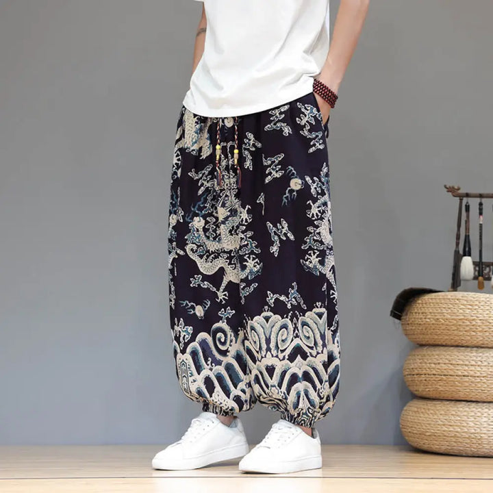 Buddha Stones Summer Dragon Drawstring Design Cotton Linen Men’s Harem Pants With Pockets - SteelBlue / US/UK/AU36，EU46