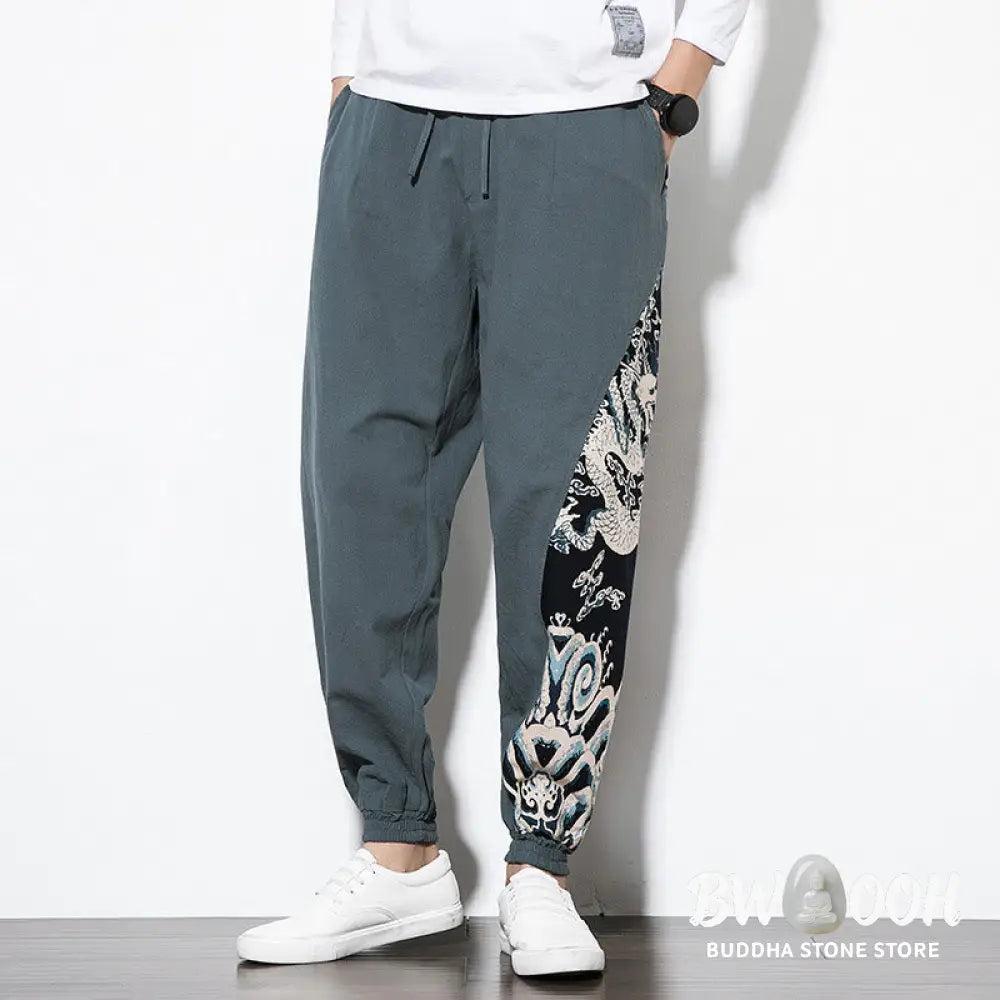 Buddha Stones Summer Dragon Waves Cotton Men’s Pants With Pockets - Men’s Pants