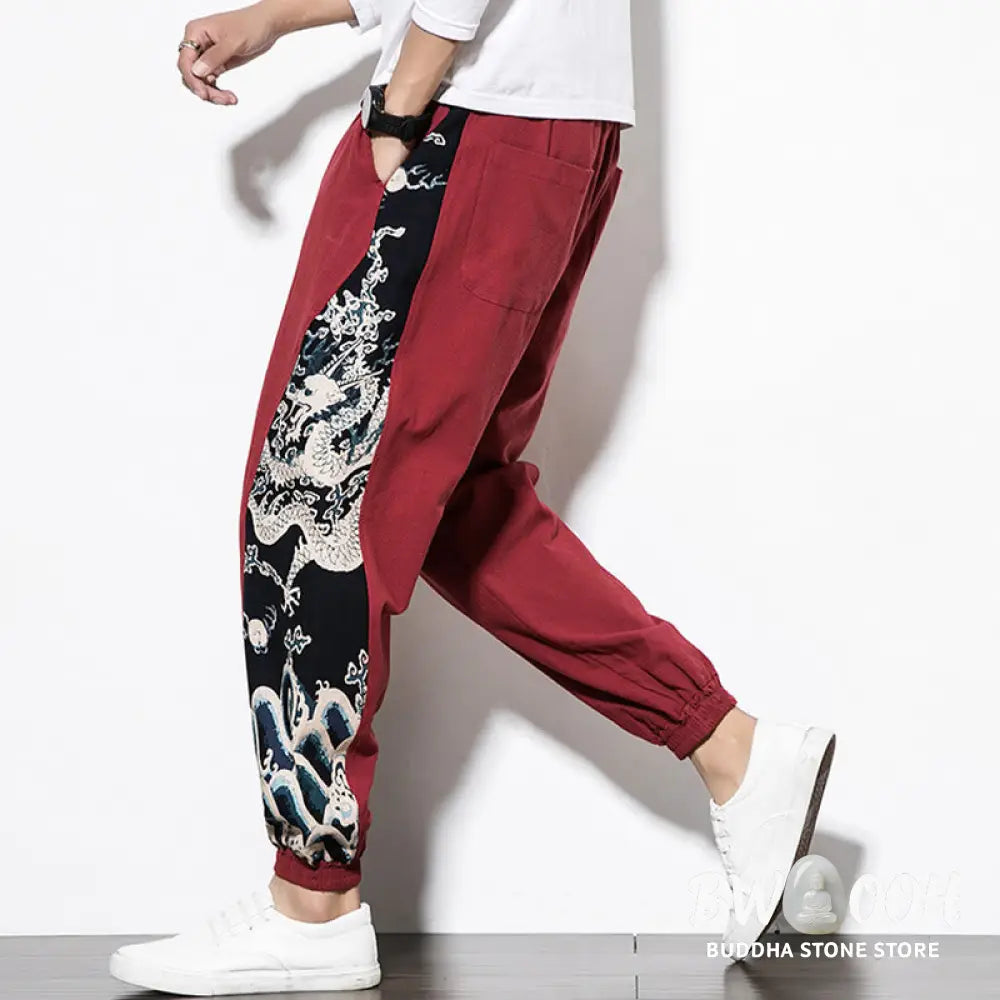 Buddha Stones Summer Dragon Waves Cotton Men’s Pants With Pockets - Men’s Pants