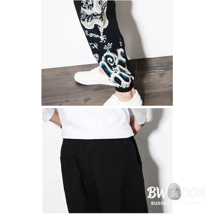 Buddha Stones Summer Dragon Waves Cotton Men’s Pants With Pockets - Men’s Pants