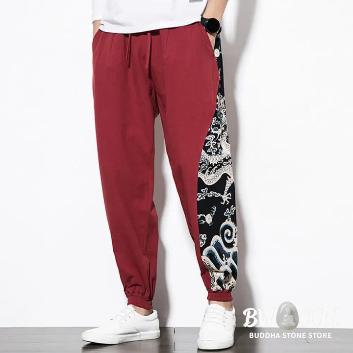 Buddha Stones Summer Dragon Waves Cotton Men’s Pants With Pockets - Men’s Pants