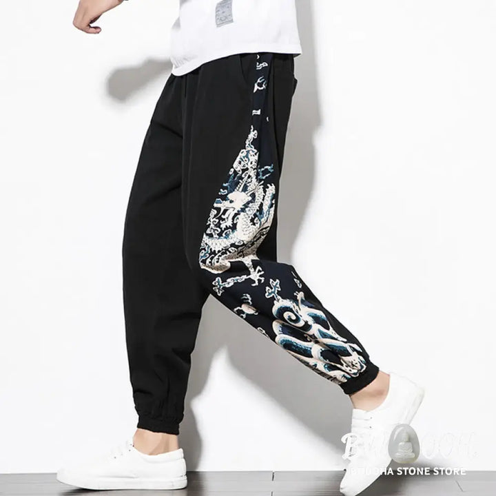 Buddha Stones Summer Dragon Waves Cotton Men’s Pants With Pockets - Men’s Pants