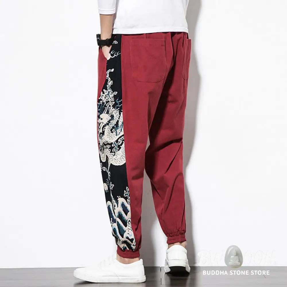 Buddha Stones Summer Dragon Waves Cotton Men’s Pants With Pockets - Men’s Pants