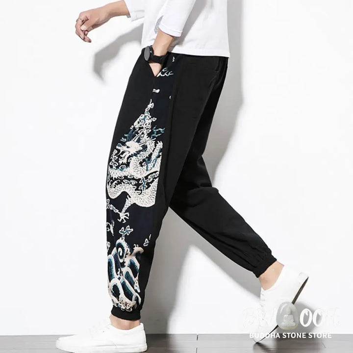 Buddha Stones Summer Dragon Waves Cotton Men’s Pants With Pockets - Men’s Pants