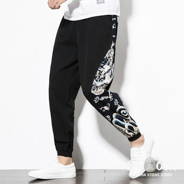 Buddha Stones Summer Dragon Waves Cotton Men’s Pants With Pockets - Men’s Pants