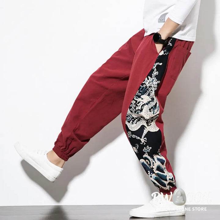 Buddha Stones Summer Dragon Waves Cotton Men’s Pants With Pockets - Men’s Pants