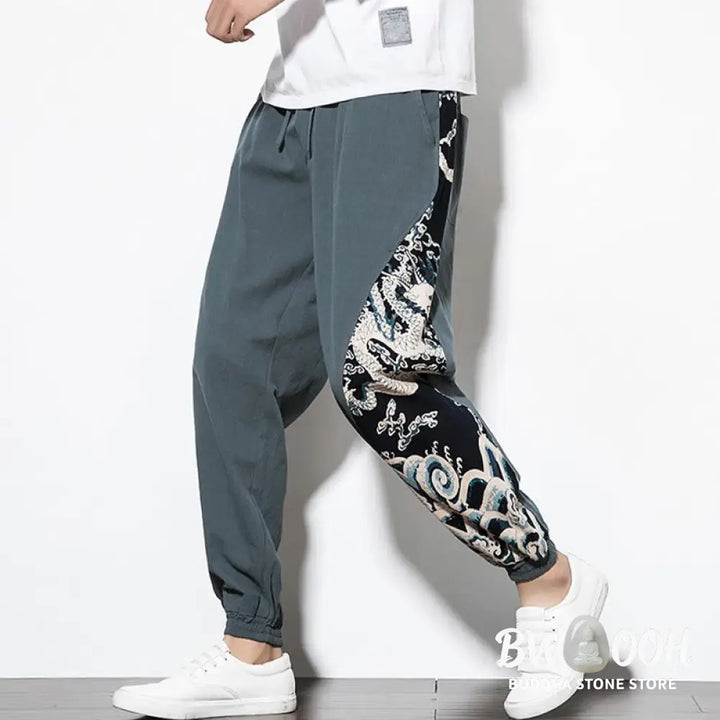 Buddha Stones Summer Dragon Waves Cotton Men’s Pants With Pockets - Men’s Pants