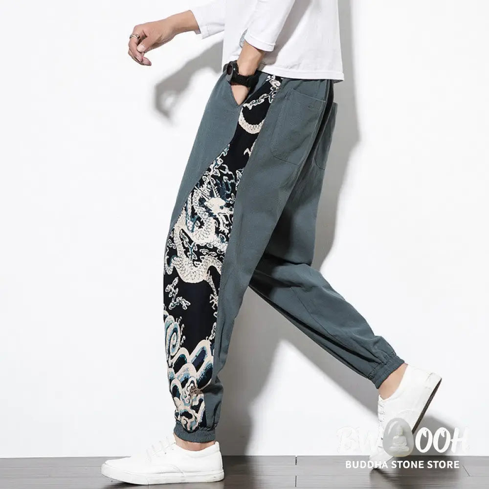 Buddha Stones Summer Dragon Waves Cotton Men’s Pants With Pockets - Men’s Pants