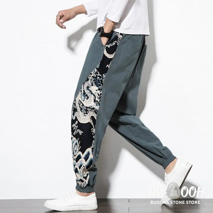 Buddha Stones Summer Dragon Waves Cotton Men’s Pants With Pockets - Men’s Pants