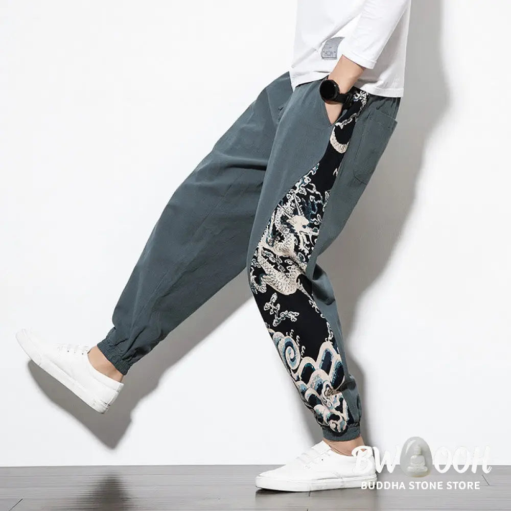 Buddha Stones Summer Dragon Waves Cotton Men’s Pants With Pockets - Men’s Pants