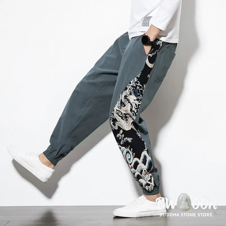Buddha Stones Summer Dragon Waves Cotton Men’s Pants With Pockets - Men’s Pants