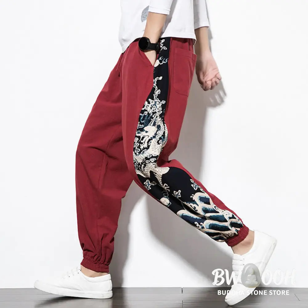Buddha Stones Summer Dragon Waves Cotton Men’s Pants With Pockets - Men’s Pants