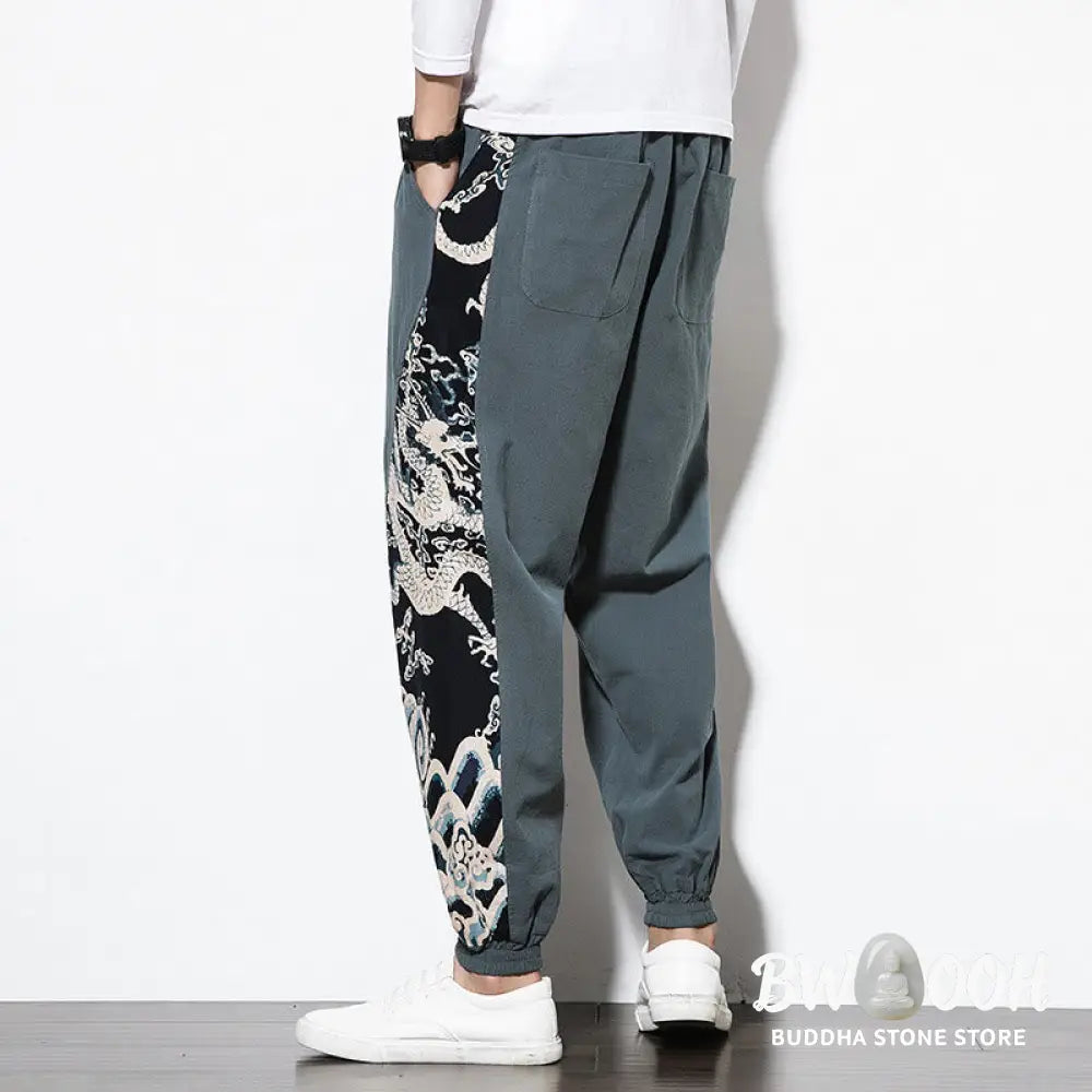 Buddha Stones Summer Dragon Waves Cotton Men’s Pants With Pockets - Men’s Pants