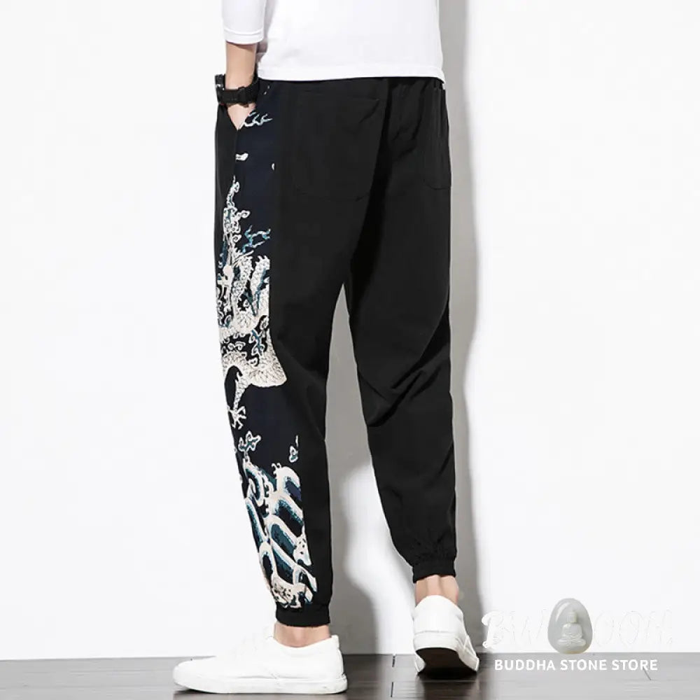 Buddha Stones Summer Dragon Waves Cotton Men’s Pants With Pockets - Men’s Pants