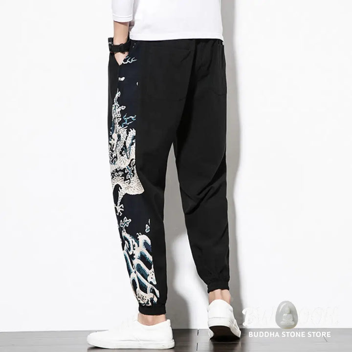 Buddha Stones Summer Dragon Waves Cotton Men’s Pants With Pockets - Men’s Pants