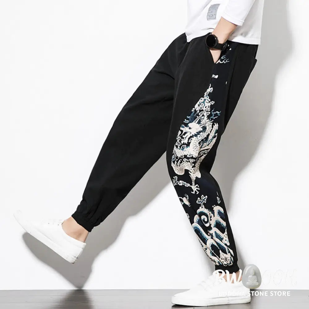 Buddha Stones Summer Dragon Waves Cotton Men’s Pants With Pockets - Men’s Pants