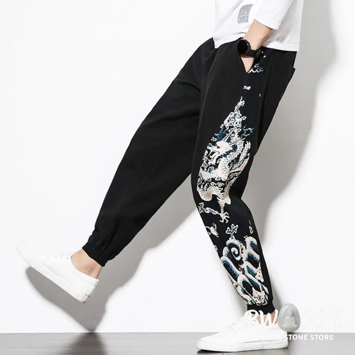 Buddha Stones Summer Dragon Waves Cotton Men’s Pants With Pockets - Men’s Pants