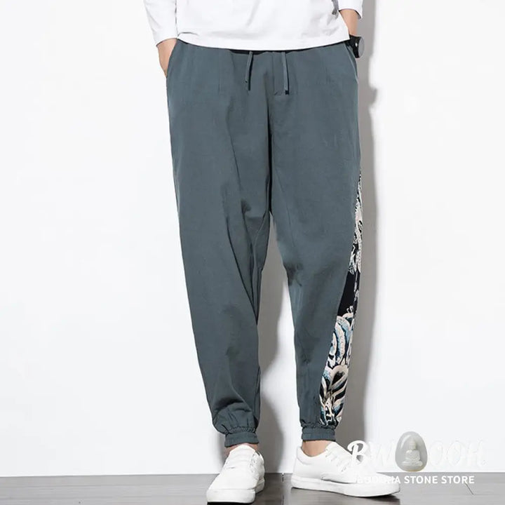 Buddha Stones Summer Dragon Waves Cotton Men’s Pants With Pockets - Men’s Pants