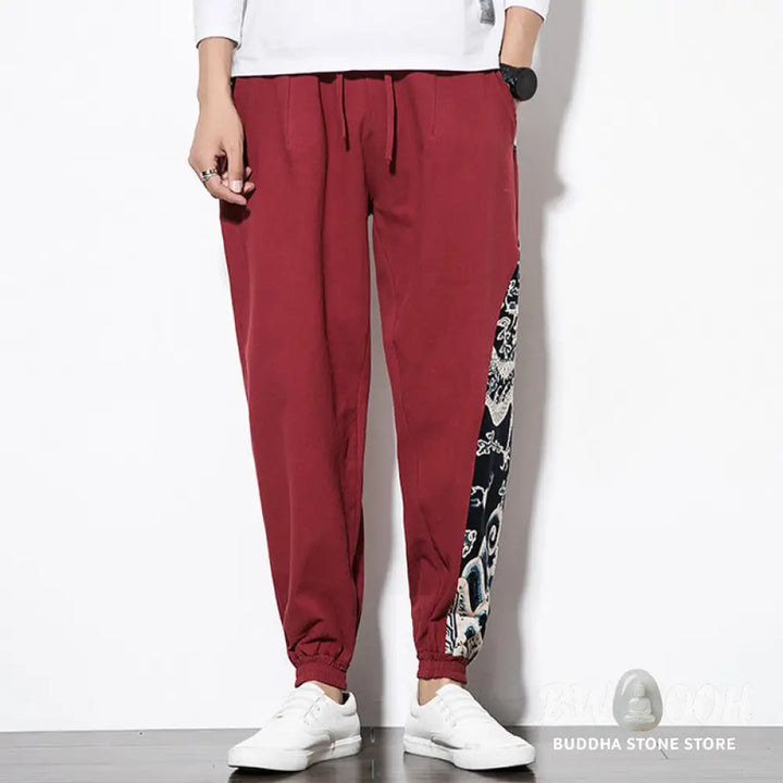 Buddha Stones Summer Dragon Waves Cotton Men’s Pants With Pockets - Men’s Pants