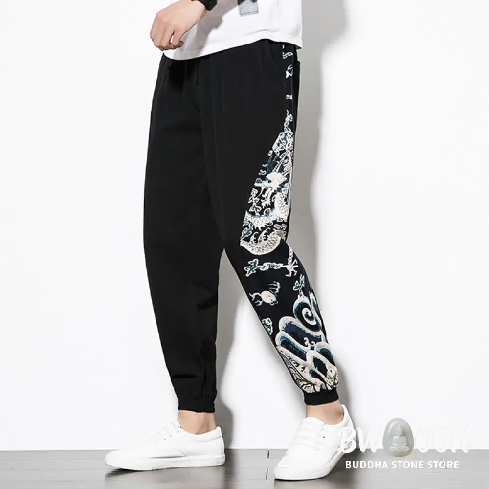Buddha Stones Summer Dragon Waves Cotton Men’s Pants With Pockets - Men’s Pants
