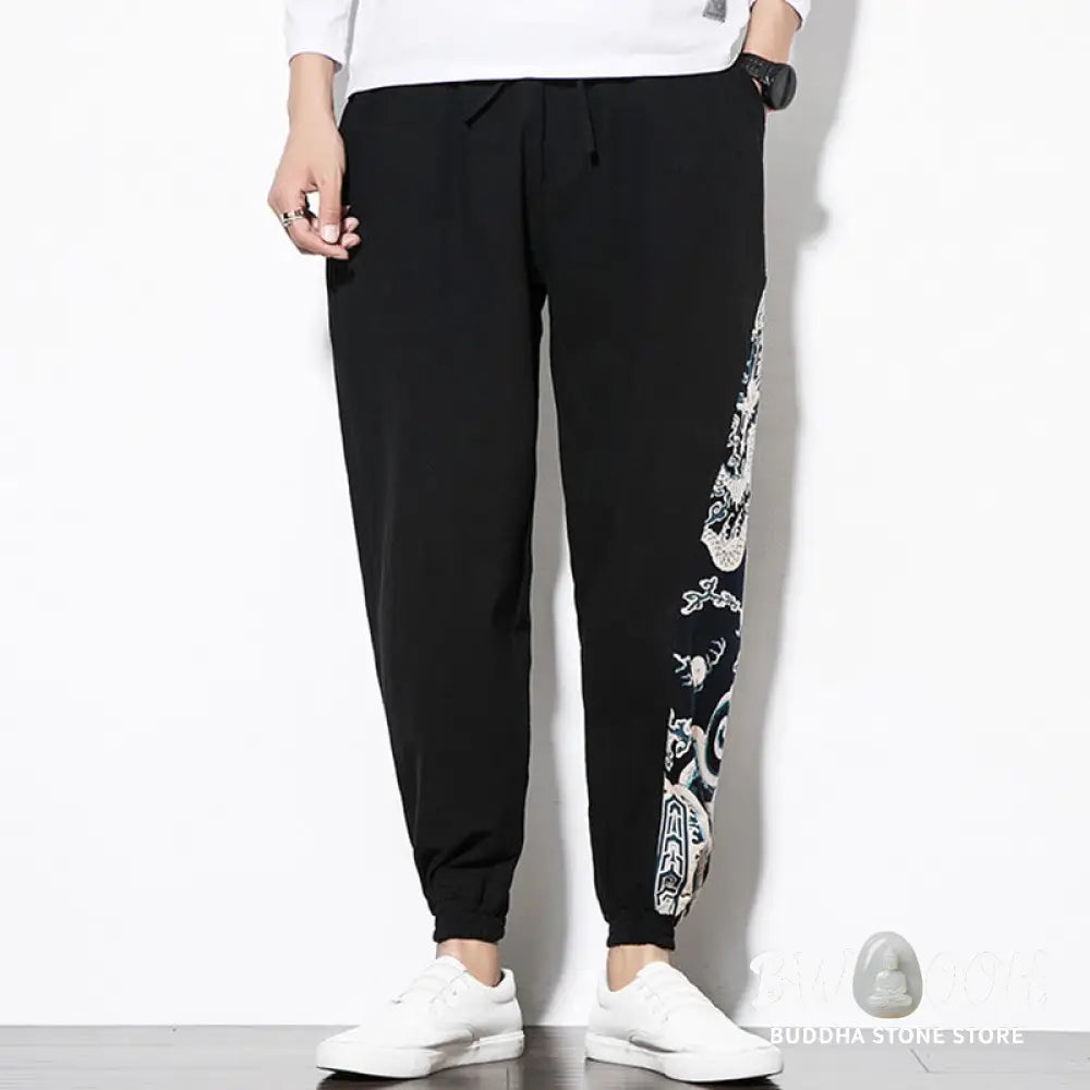 Buddha Stones Summer Dragon Waves Cotton Men’s Pants With Pockets - Men’s Pants
