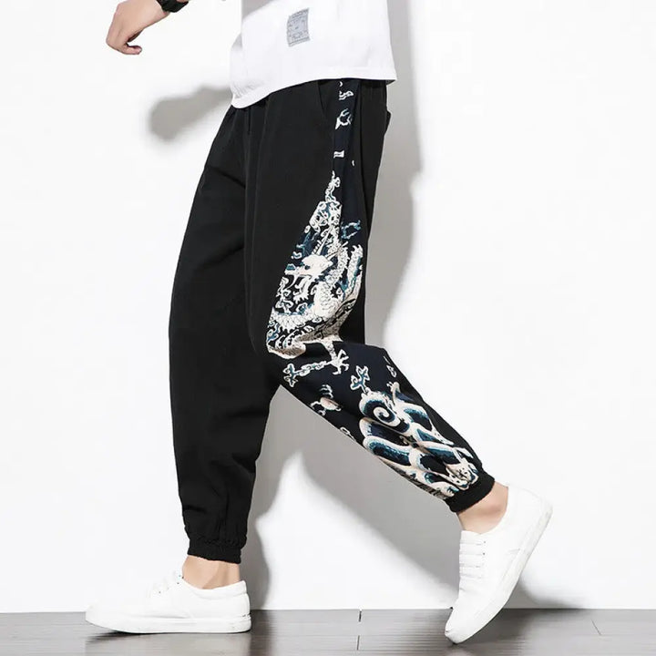 Buddha Stones Summer Dragon Waves Cotton Men’s Pants With Pockets - Black / US/UK/AU34，EU44 (M) - Men’s Pants