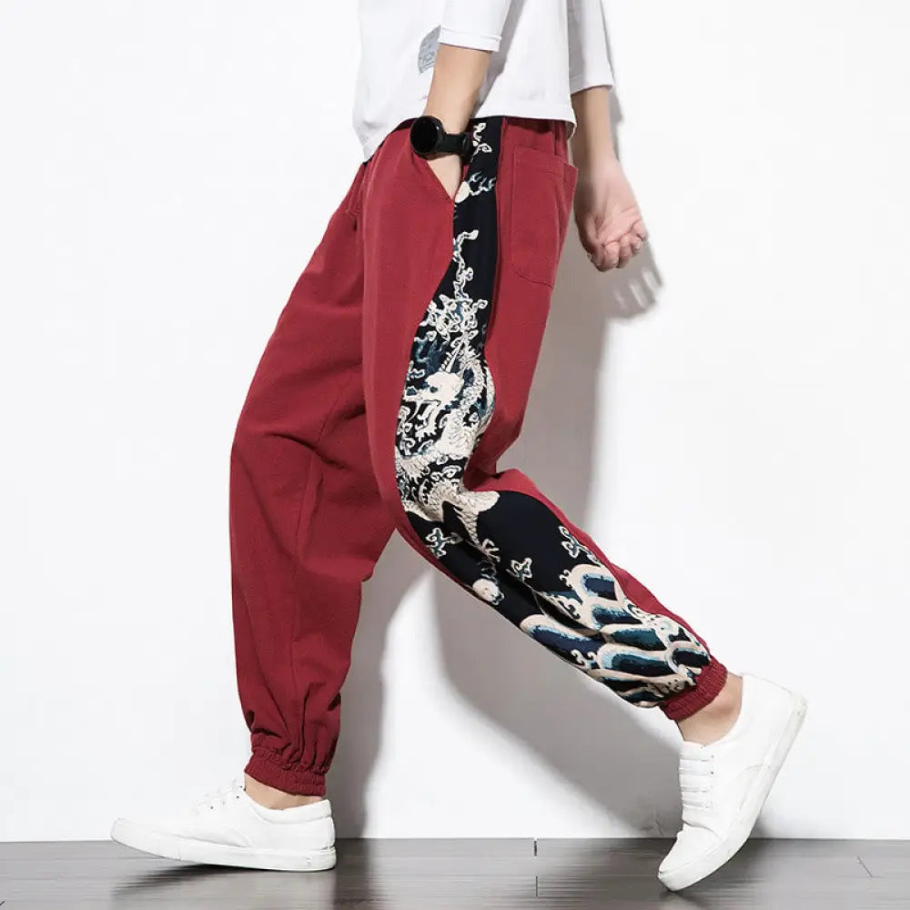 Buddha Stones Summer Dragon Waves Cotton Men’s Pants With Pockets - Red / US/UK/AU34，EU44 (M) - Men’s Pants