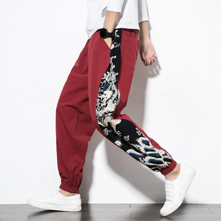 Buddha Stones Summer Dragon Waves Cotton Men’s Pants With Pockets - Red / US/UK/AU34，EU44 (M) - Men’s Pants
